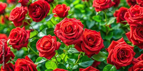Background of vibrant red rose flowers and lush green leaves  red  rose  flowers  background  lush  green  leaves  nature  garden  beautiful  floral  vibrant  romantic  petals  blooming
