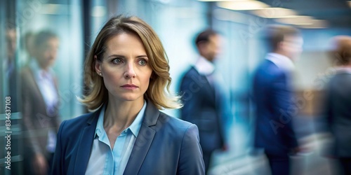 Blurred indoor setting with a woman in dark blazer and light blue shirt looking concerned , alone, worry, professional, office, corporate, businesswoman, anxiety, stress, uncertain