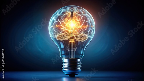 Lightbulb with brain representing artificial intelligence, AI, technology, innovation, creativity, intelligence, electric, light, idea, smart, concept, science, knowledge, brainstorm photo