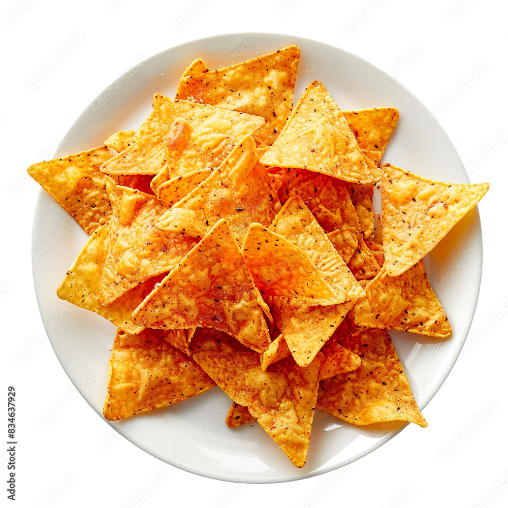 Spicy tortilla chips piled on a white plate, top view, isolated background
Spicy tortilla chips piled on a white plate, top view, isolated background