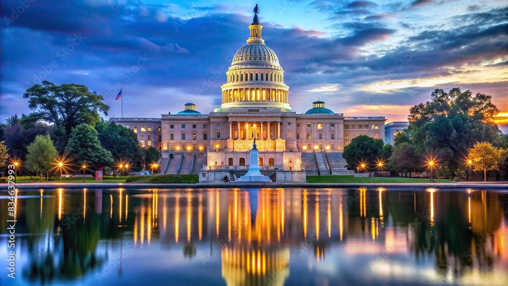 Capitol building at blue hour in Washington DC , architecture, landmark, government, blue hour, dusk, majestic, dome, United States, Washington DC, majestic, iconic, evening, patriotism