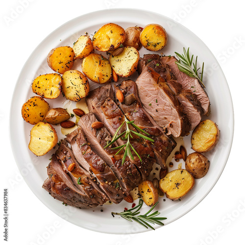 Roast lamb with herbs and baby potatoes on a white plate, top view

 photo