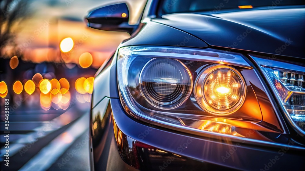 Close up of a car headlight emitting bright light at night, car, light, headlight, transportation, vehicle, automotive, technology, LED, illumination, bright, night, modern, design