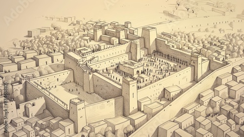 Nehemiah 11 Biblical Illustration: Resettlement of Jerusalem, leaders and a tenth of people, residents listing, towns dedication, Beige Background, copyspace photo