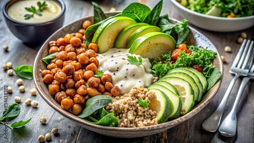 A beautifully arranged Buddha bowl with quinoa, roasted chickpeas, leafy greens, avocado, and a drizzle of tahini dressing on a modern kitchen table, Buddha bowl, quinoa photo