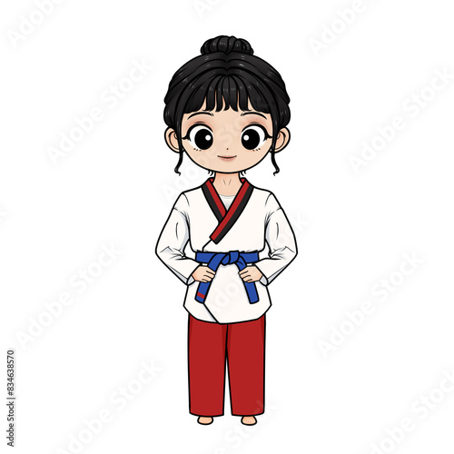 Illustration of girl wearing taekwondo uniform and blue stripe belt on transparent background 