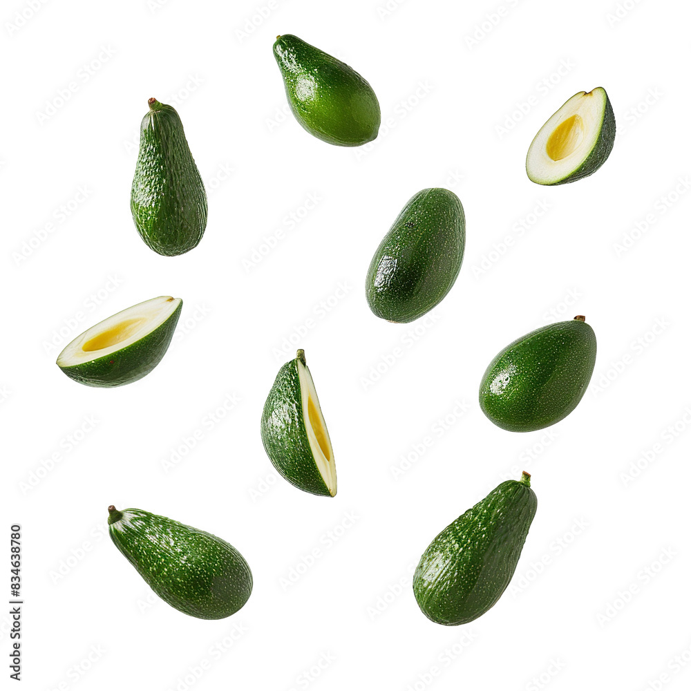 Floating Avocados and Sliced Halves on a Light Background, Studio Isolation Shot
Floating Avocados and Sliced Halves on a Light Background, Studio Isolation Shot