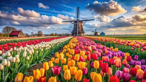 Colorful tulip field with windmill in the background, tulips, field, windmill, colorful, Dutch, landscape, agriculture, nature, vibrant, blossoms, spring, countryside, scenic, rural #834638786
