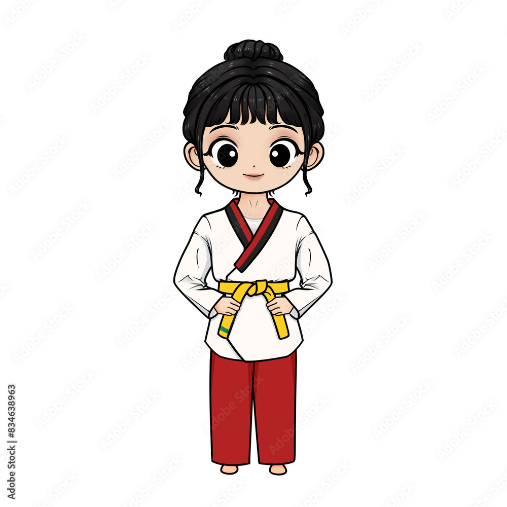 Illustration of girl wearing taekwondo uniform and yellow stripe belt on transparent background Illustration of girl wearing taekwondo uniform and yellow stripe belt on transparent background