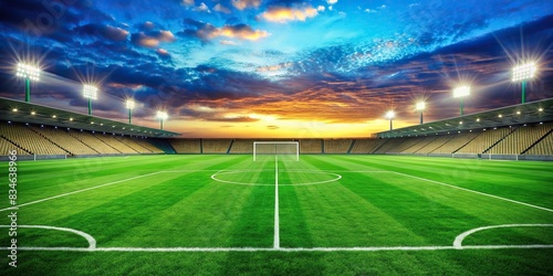 Football soccer field with vibrant green grass , sports, recreation, competition, game, outdoor, stadium, grass, green, soccer, football, field, pitch, goal, lines, markings, team, match