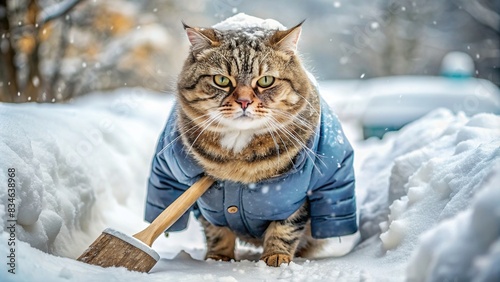 Grumpy fat cat in winter coat shoveling snow, cat, grumpy, fat, pet, winter, coat, shoveling, snow, lazy, fluffy, funny, animal, cute, domestic, feline, overweight, grumpiness, snowy photo