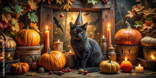 Fantasy black cat witch inside a magical fairy cabin surrounded by pumpkins, candles, and mystical attributes, Halloween, fantasy, black cat, witch, magical, mysterious, fairy cabin, magic © wasana