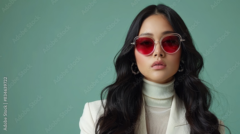 A woman with long black hair wears red sunglasses and a white jacket She stands before a green backdrop, donning a white turtleneck A woman with long black hair wears red sunglasses and a white jacket She stands before a green backdrop, donning a white turtleneck