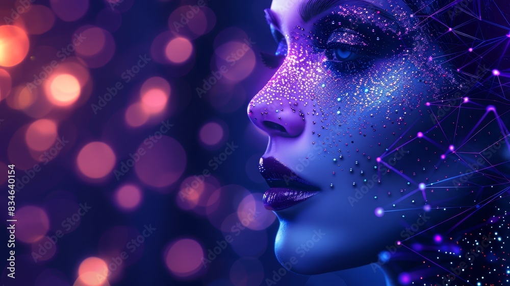 A woman's face with numerous dots, star-like adornments, against a blue backdrop Background illuminated by pink and purple lights A woman's face with numerous dots, star-like adornments, against a blue backdrop Background illuminated by pink and purple lights