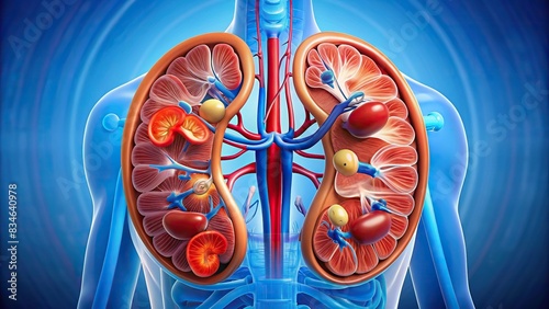 showcasing the mechanism and functions of the kidney, kidney, anatomy, urinary system, nephron, filtration, blood vessels, excretion, health, organ, medical, urinary tract, renal system photo