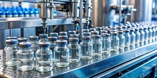 Medical vials being produced at a pharmaceutical factory, production line, medicine, pharmaceutical, manufacturing, industry, health, production, sterile, packaging, glass, bottles photo