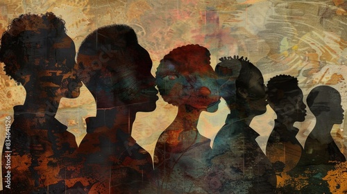 silhouettes of African men and women in profile, their faces outlined with exquisite detail against a textured background, space for text