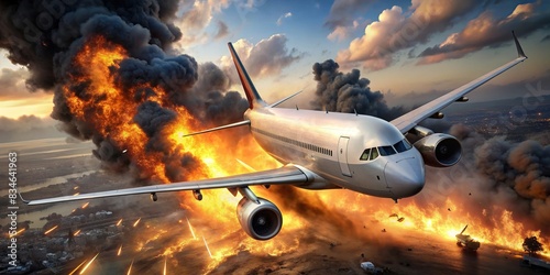 A graphic of an airplane crash accident with no people involved, aircraft, aeroplane, disaster, tragedy, emergency, danger, wreckage, destruction, turbulent, aviation, catastrophic, incident photo