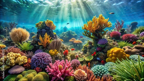 Underwater collection of sea plants  algae  seaweed  coral  and reef   marine  aquatic  marine life  ocean  biodiversity  flora  fauna  aquatic plants  underwater garden  marine ecosystem
