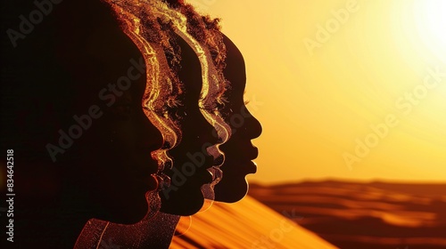 silhouettes of African men and women in profile, their faces outlined with exquisite detail against a textured and desert background, space for text