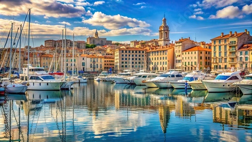 Yachts peacefully docked in Vieux-Port, Marseille, France , luxury, harbor, boats, Mediterranean, tourism, travel, vacation, scenic, seascape, marina, waterfront, France, French Riviera photo