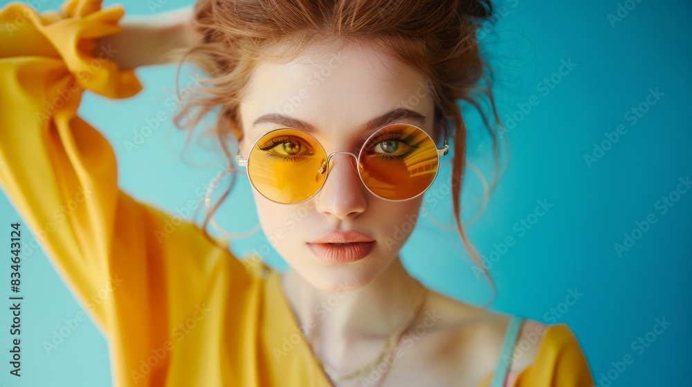 A woman in a yellow shirt is wearing sunglasses and posing for a picture A woman in a yellow shirt is wearing sunglasses and posing for a picture
