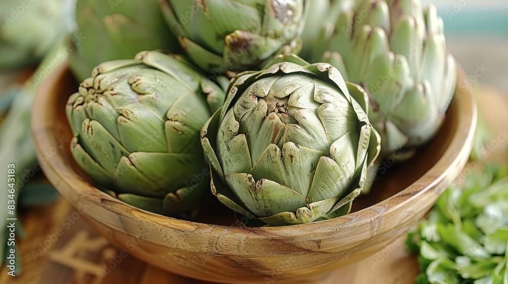 Obraz premium A wooden table holds two leafy green plants, each with a wooden bowl filled with artichokes nearby