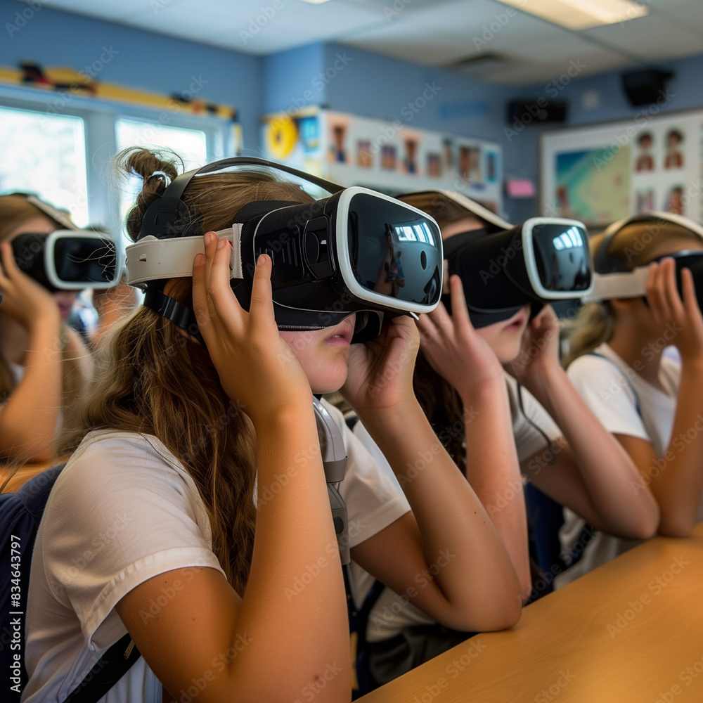 students using VR headsets in a classroom to explore historical events in an immersive way