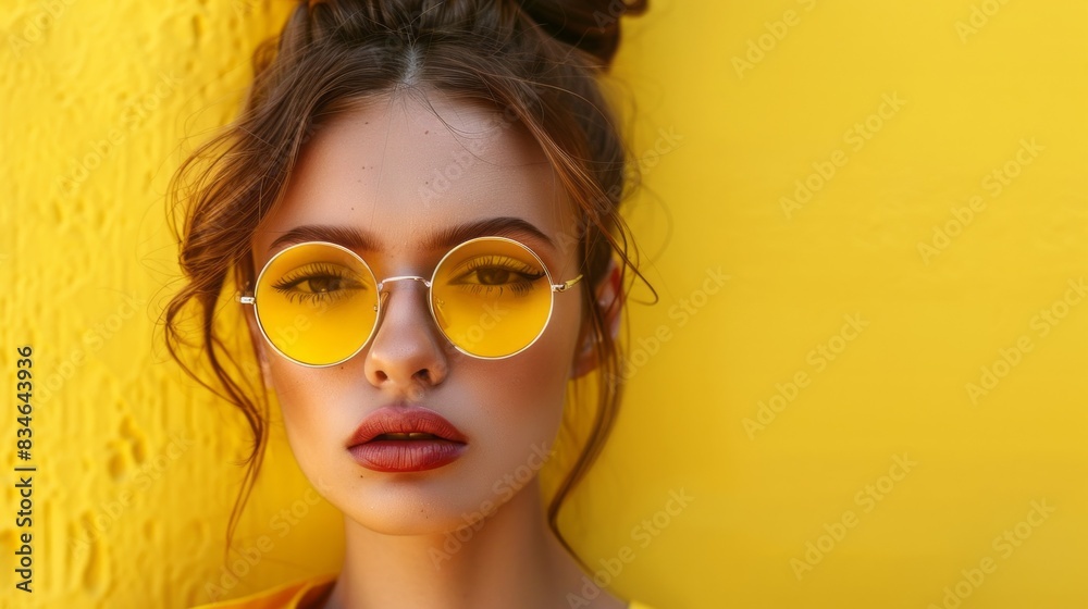 A woman with yellow sunglasses and red lipstick stands in front of a yellow wall A woman with yellow sunglasses and red lipstick stands in front of a yellow wall