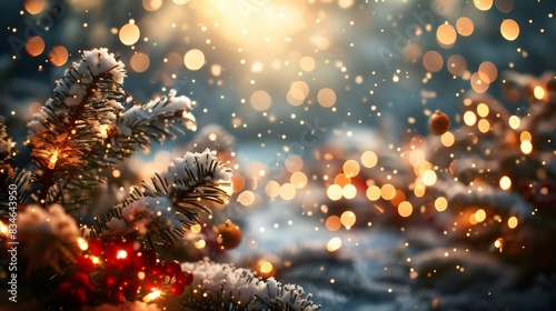christmas winter background with snow and garland lights and golden bokeh. © Yuan