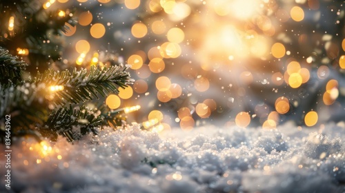 christmas winter background with snow and garland lights and golden bokeh.
