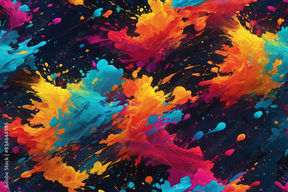 Vibrant splashes of colorful ink and dynamic abstract paint splatters in various colors.