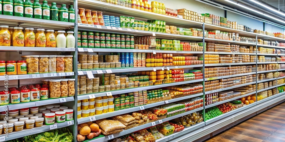 Shelves filled with various food products in a grocery store , groceries, supermarket, food items, assorted, shopping, pantry, grocery store, display, abundance, assortment, selection, shelf