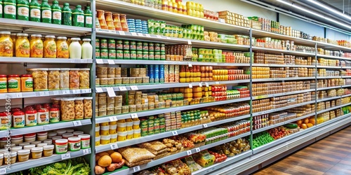 Shelves filled with various food products in a grocery store , groceries, supermarket, food items, assorted, shopping, pantry, grocery store, display, abundance, assortment, selection, shelf © Sompong