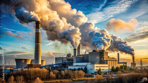 A waste incineration plant emitting smoke into the sky, industrial, environment, pollution, energy, factory, burning, waste disposal, smokestack, climate change, garbage photo