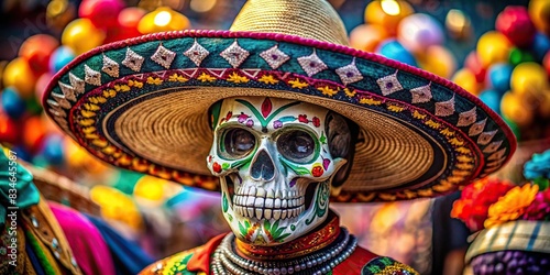 Mexican skull mascot decorated for Cinco de Mayo and Day of the Dead celebration, skull, mascot, festive, holiday, Mexican, tradition, decoration, celebration, culture, colorful, vibrant