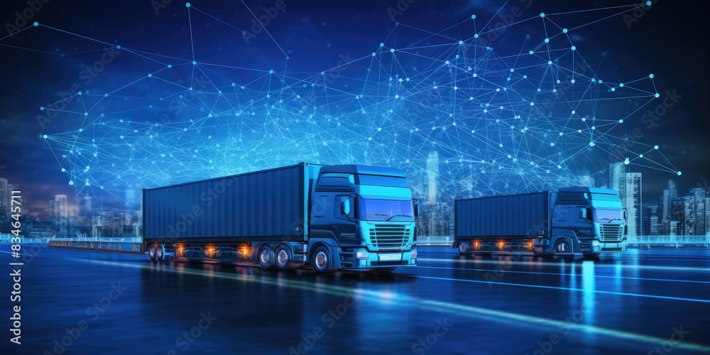 Transportation and Logistics, Truck on motorway and industrial container cargo with network distribution on a blue background Transportation and Logistics, Truck on motorway and industrial container cargo with network distribution on a blue background