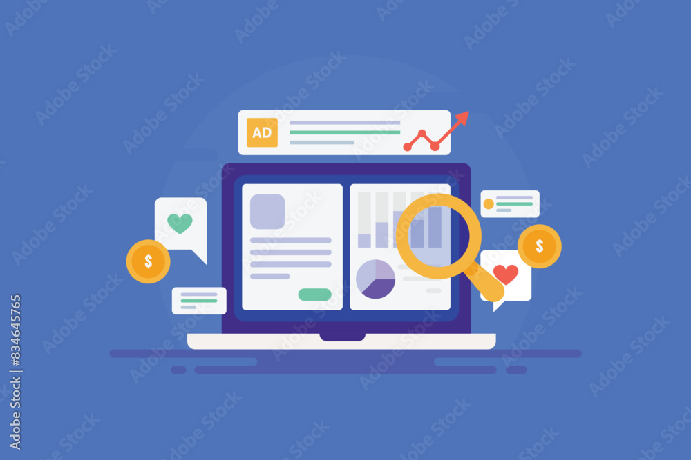 Pay per click PPC advertising performance analytics data on laptop screen, landing page conversion report. Vector illustration. Pay per click PPC advertising performance analytics data on laptop screen, landing page conversion report. Vector illustration.