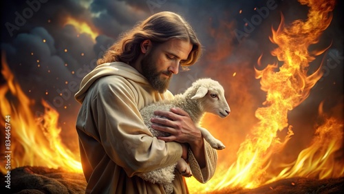 Jesus rescues a lamb from a fire , rescue, lamb, fire, hero, savior, religious, Christianity, safety, protection, faith, divine intervention, shepherd, miracle, salvation, compassion, courage
