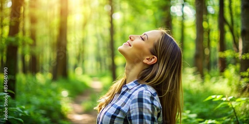 Relaxed happy young woman breathing fresh air deep in a green forest , serenity, nature, relaxation, wellness, peaceful, tranquility, forest, oxygen, meditation, mindfulness, greenery