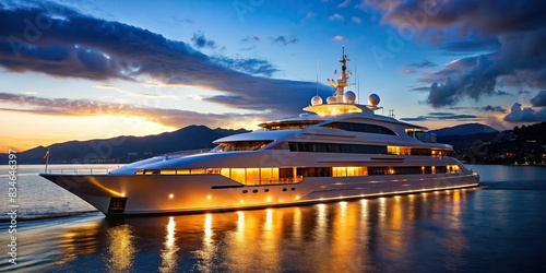 Generative of a luxurious superyacht on a nighttime voyage, superyacht, yacht, luxury, boat, marine, nighttime, ocean, sea, travel, destination, waterfront, nautical, vessel, oceanic photo