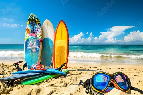 Colorful Surfboards, Life Jacket, and Swimming Goggles Set for Water Sports on Beach © jumaidilfadil