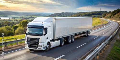 White lorry driving on motorway in UK commercial , transportation, delivery, logistics, trucking, highway, UK, vehicle, freight, cargo, transportation industry, speed