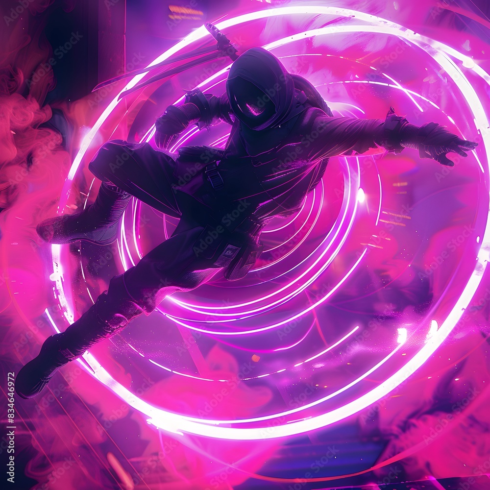 Fantasy scene with a man jumping under magical lights Fantasy scene with a man jumping under magical lights
