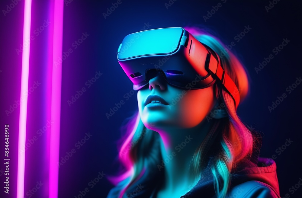 Girl in virtual reality glasses on a black background with multicolored neon light, glare and lights looks up, the concept of future technologies, games, entertainment, new trends Girl in virtual reality glasses on a black background with multicolored neon light, glare and lights looks up, the concept of future technologies, games, entertainment, new trends