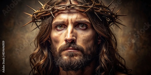 Dramatic portrait of serious Jesus Christ with Crown of Thorns on dark brown background, Jesus, Christ, Crown of Thorns, religious, dramatic, portrait, serious, expressive eyes, divine