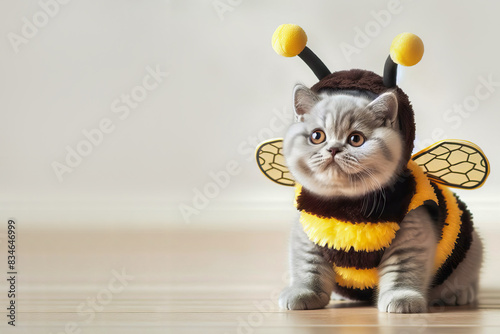 Cute gray cat of the British breed dressed in a bee costume, light background.