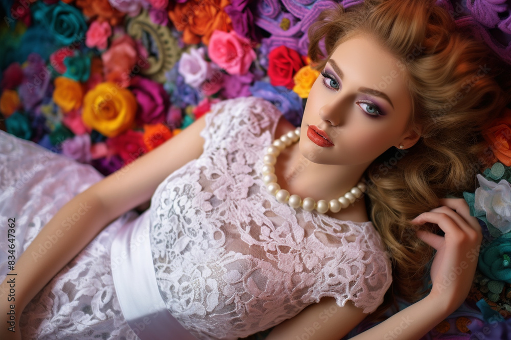 Fototapeta premium Beautiful young girl lying in bed, top view, attractive female model