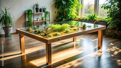 Creative resin table with embedded plants illuminated by natural sunlight indoors , resin, table, plants, embedded, natural, sunlight, indoors, creative, design, unique, craftmanship photo