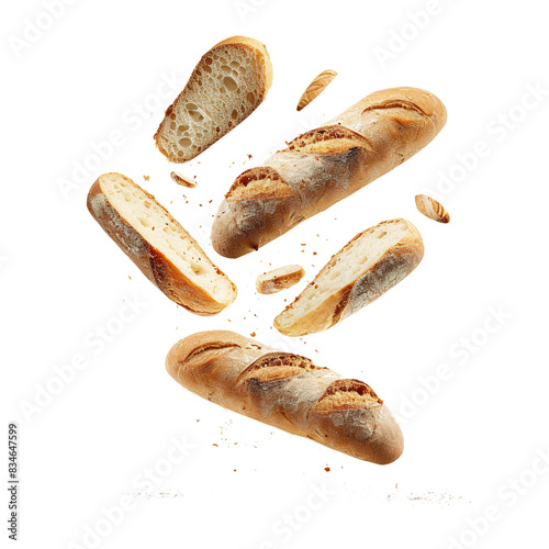 Floating French Baguettes with Crumbs and Sliced Pieces, Dynamic Food Composition, Isolated on White

 photo